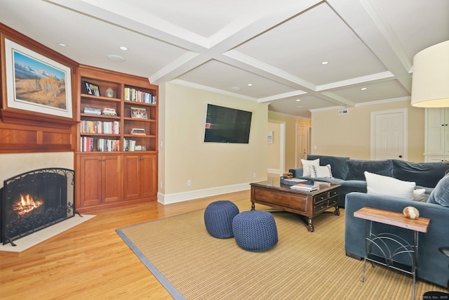 151 Woodridge Dr, New Canaan, CT 06840 - living room with light wood-type flooring, beam ceiling, coffered ceiling, a premium fireplace, and baseboards