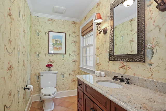 151 Woodridge Dr, New Canaan, CT 06840 - bathroom featuring ornamental molding, vanity, toilet, tile patterned flooring, and baseboards