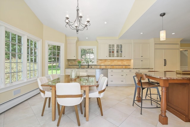151 Woodridge Dr, New Canaan, CT 06840 - dining area featuring a baseboard heating unit, vaulted ceiling, a chandelier, light tile patterned floors, and recessed lighting