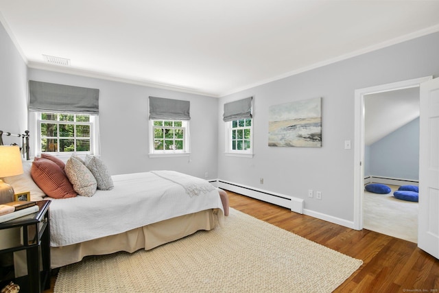 151 Woodridge Dr, New Canaan, CT 06840 - bedroom featuring a baseboard radiator, crown molding, wood finished floors, and multiple windows