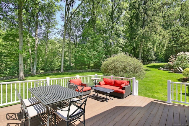 151 Woodridge Dr, New Canaan, CT 06840 - wooden deck featuring an outdoor living space, outdoor dining area, a yard, and view of wooded area