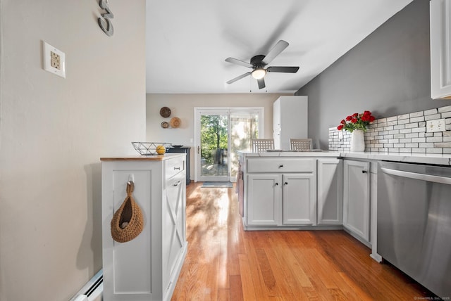 3 Celentano Dr, Naugatuck, CT 06770 - kitchen featuring dishwasher, a ceiling fan, light countertops, light wood-style flooring, and a peninsula