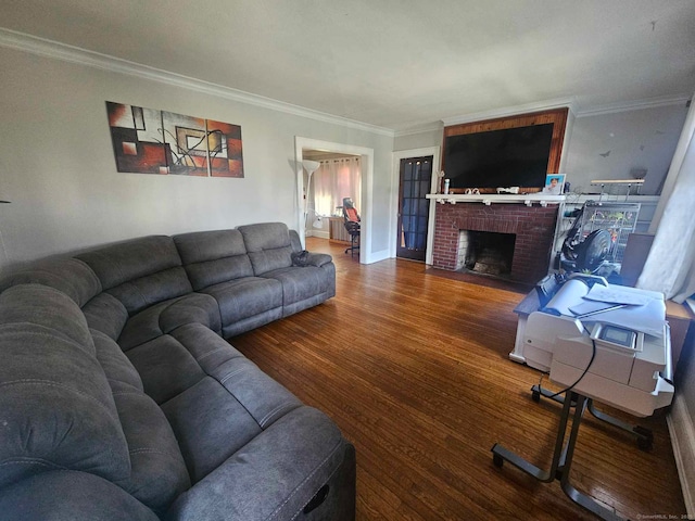102 Mapleton St, Hartford, CT 06114 - living room with crown molding, wood finished floors, a brick fireplace, and radiator