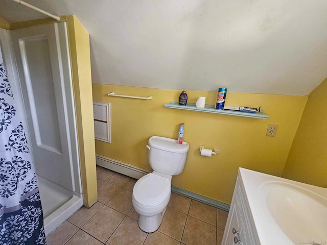 102 Mapleton St, Hartford, CT 06114 - full bathroom with a baseboard heating unit, a stall shower, toilet, vanity, and tile patterned flooring