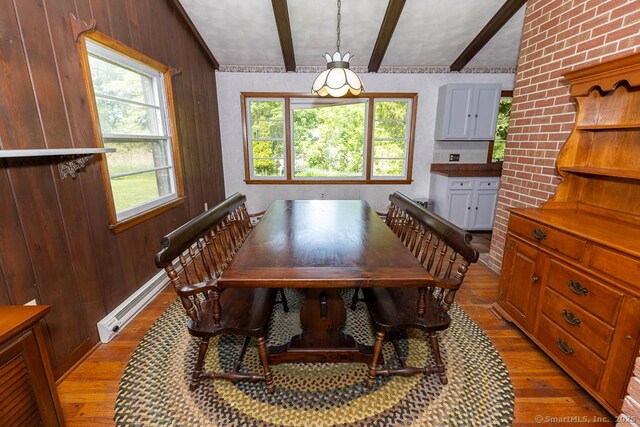 3 Glen Dr, Old Saybrook, CT 06475 - dining room featuring light wood finished floors, beam ceiling, and wood walls
