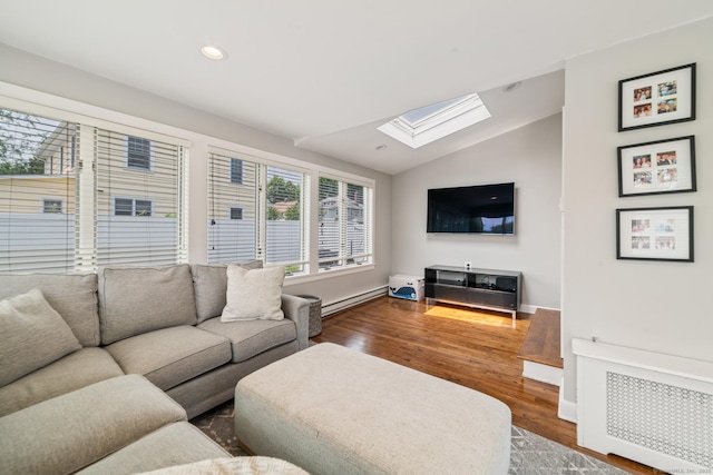 407 Meadowbrook Rd, Fairfield, CT 06824 - living room featuring a skylight, wood finished floors, lofted ceiling, a baseboard heating unit, and recessed lighting
