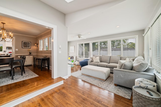407 Meadowbrook Rd, Fairfield, CT 06824 - living area featuring wood finished floors, a chandelier, recessed lighting, crown molding, and ceiling fan