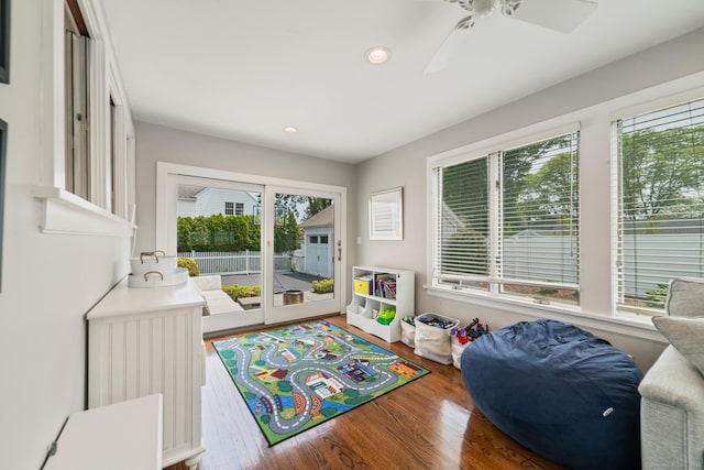 407 Meadowbrook Rd, Fairfield, CT 06824 - recreation room with wood finished floors, ceiling fan, and recessed lighting