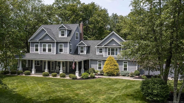 112 John Hand Dr, Coventry, CT 06238 - view of front of home featuring a chimney, a front yard, covered porch, and a shingled roof