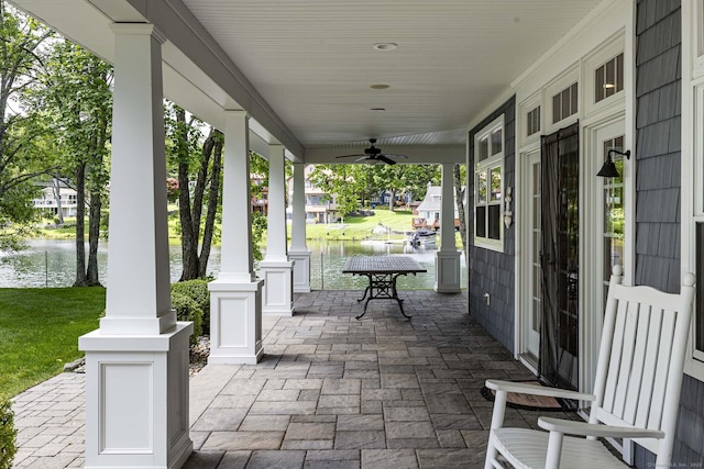 112 John Hand Dr, Coventry, CT 06238 - covered porch with a water view and ceiling fan