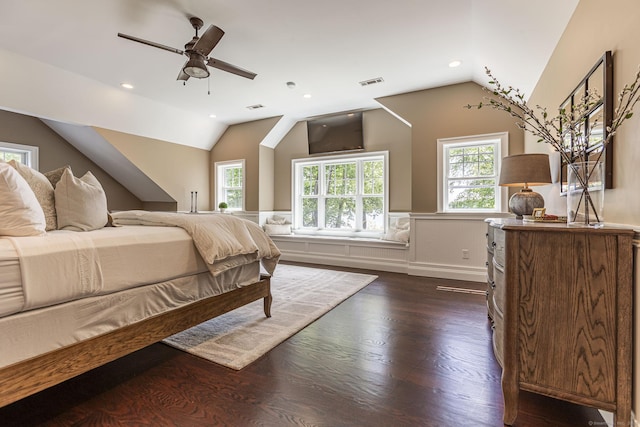 112 John Hand Dr, Coventry, CT 06238 - bedroom featuring lofted ceiling, a wainscoted wall, dark wood-type flooring, and recessed lighting