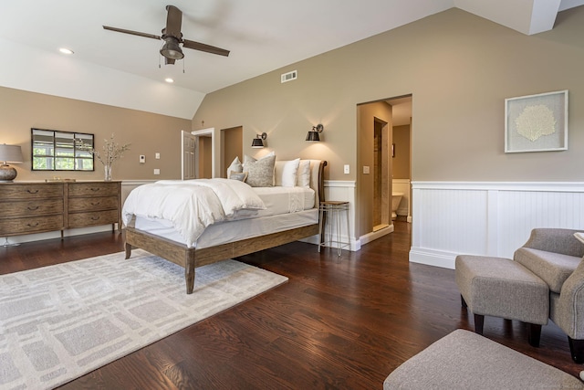 112 John Hand Dr, Coventry, CT 06238 - bedroom with vaulted ceiling, a wainscoted wall, wood finished floors, and a ceiling fan