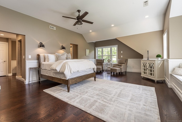 112 John Hand Dr, Coventry, CT 06238 - bedroom featuring a wainscoted wall, lofted ceiling, wood finished floors, a ceiling fan, and recessed lighting