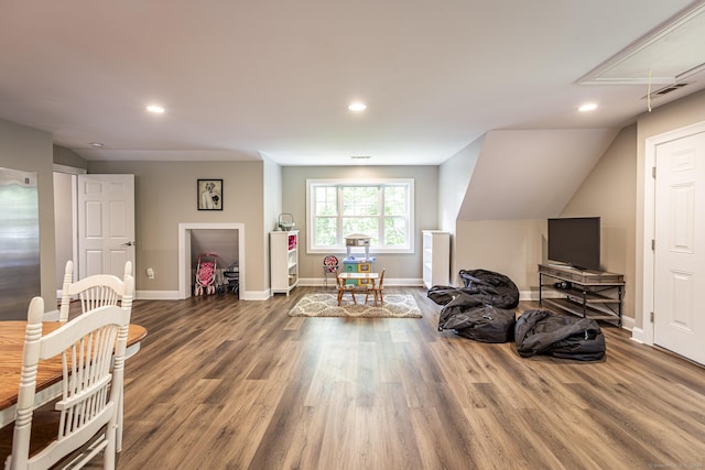 112 John Hand Dr, Coventry, CT 06238 - living area with attic access, baseboards, wood finished floors, and recessed lighting