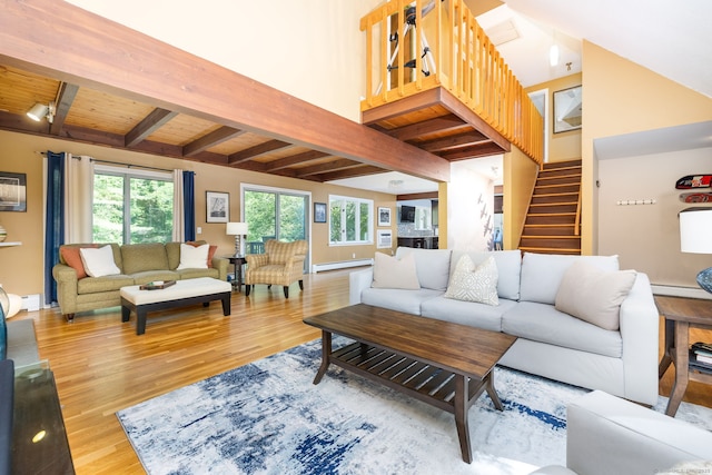 20 Roundhill Rd, Granby, CT 06035 - living room with a baseboard radiator, wood finished floors, stairway, baseboards, and wooden ceiling with exposed beams