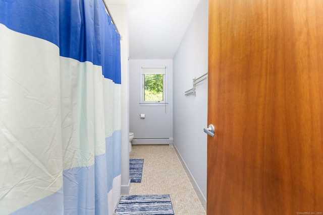 20 Roundhill Rd, Granby, CT 06035 - bathroom with toilet, a baseboard heating unit, tile patterned floors, curtained shower, and baseboards