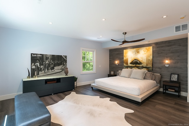 4 Berkeley Hl, Westport, CT 06880 - bedroom with an accent wall, baseboards, dark wood finished floors, recessed lighting, and ceiling fan