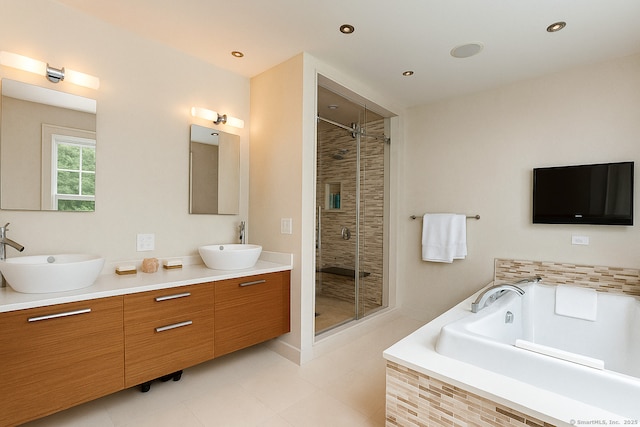4 Berkeley Hl, Westport, CT 06880 - full bathroom with a garden tub, a stall shower, double vanity, tile patterned flooring, and recessed lighting