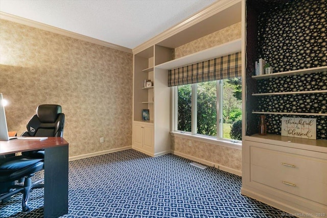 1 Mountaincrest Dr, Cheshire, CT 06410 - office space with carpet floors, baseboards, ornamental molding, a textured ceiling, and wallpapered walls