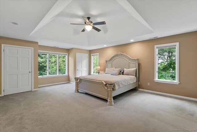 1 Mountaincrest Dr, Cheshire, CT 06410 - carpeted bedroom with multiple windows, baseboards, a raised ceiling, recessed lighting, and ceiling fan