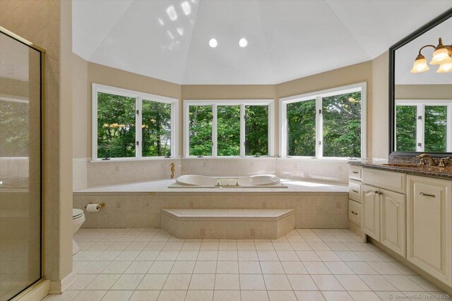 1 Mountaincrest Dr, Cheshire, CT 06410 - bathroom with plenty of natural light, vanity, a garden tub, and high vaulted ceiling