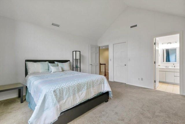 1 Mountaincrest Dr, Cheshire, CT 06410 - carpeted bedroom with high vaulted ceiling, connected bathroom, baseboards, and a sink
