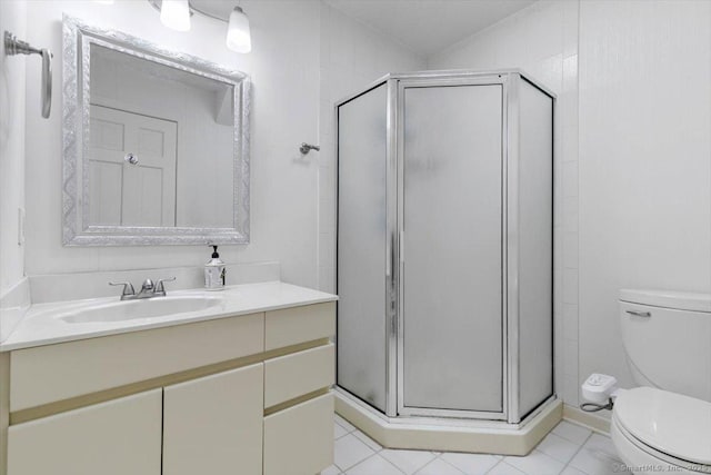 1 Mountaincrest Dr, Cheshire, CT 06410 - full bathroom with toilet, vanity, a shower stall, and tile patterned floors