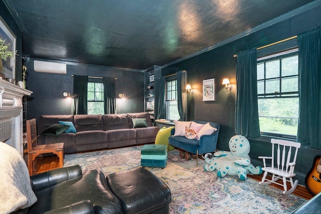 262 Kenyon St, Hartford, CT 06105 - living area featuring an AC wall unit, crown molding, and a fireplace