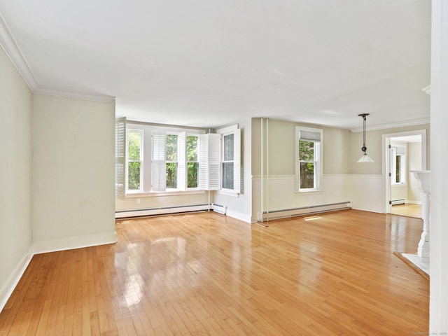 355 Main St, Old Saybrook, CT 06475 - unfurnished living room with a baseboard heating unit, a baseboard radiator, wood-type flooring, and ornamental molding