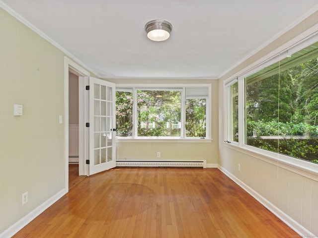 355 Main St, Old Saybrook, CT 06475 - unfurnished sunroom with a baseboard radiator, wood-type flooring, and crown molding