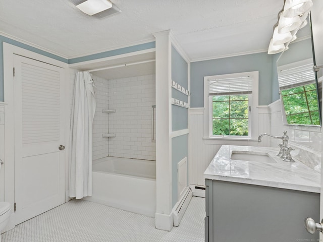 355 Main St, Old Saybrook, CT 06475 - bathroom with vanity, a wainscoted wall, shower / bath combination with curtain, baseboard heating, and ornamental molding
