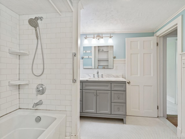 355 Main St, Old Saybrook, CT 06475 - full bath with vanity, bathtub / shower combination, a textured ceiling, ornamental molding, and tile patterned flooring