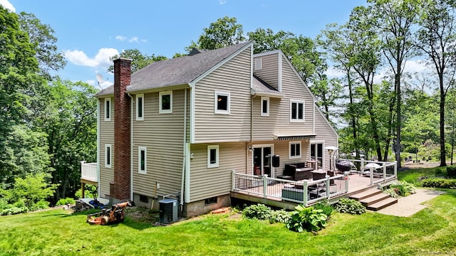 2 Pent Rd, Bloomfield, CT 06002 - rear view of house featuring a chimney, a yard, a deck, and roof with shingles