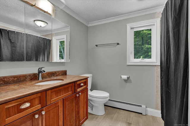 2 Pent Rd, Bloomfield, CT 06002 - bathroom with a baseboard heating unit, plenty of natural light, vanity, a textured ceiling, and ornamental molding