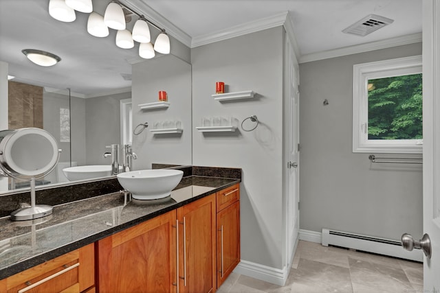 2 Pent Rd, Bloomfield, CT 06002 - full bathroom featuring a baseboard heating unit, double vanity, and ornamental molding