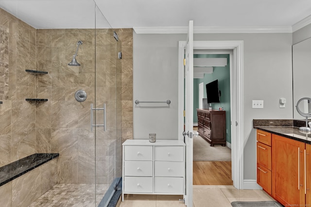 2 Pent Rd, Bloomfield, CT 06002 - bathroom with a shower stall, vanity, crown molding, and tile patterned flooring