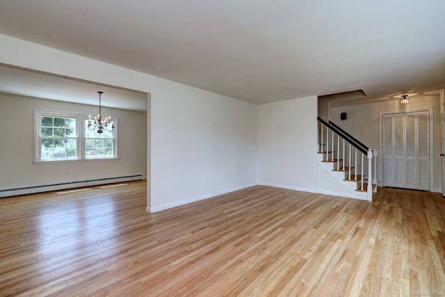 64 Regina St, Trumbull, CT 06611 - unfurnished room featuring light wood-style floors, stairs, a chandelier, baseboards, and a baseboard radiator