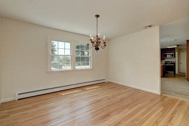 64 Regina St, Trumbull, CT 06611 - empty room with a chandelier, a baseboard radiator, light wood-type flooring, and baseboards