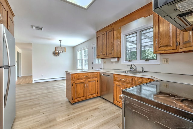 64 Regina St, Trumbull, CT 06611 - kitchen with stainless steel appliances, baseboard heating, brown cabinets, and a peninsula