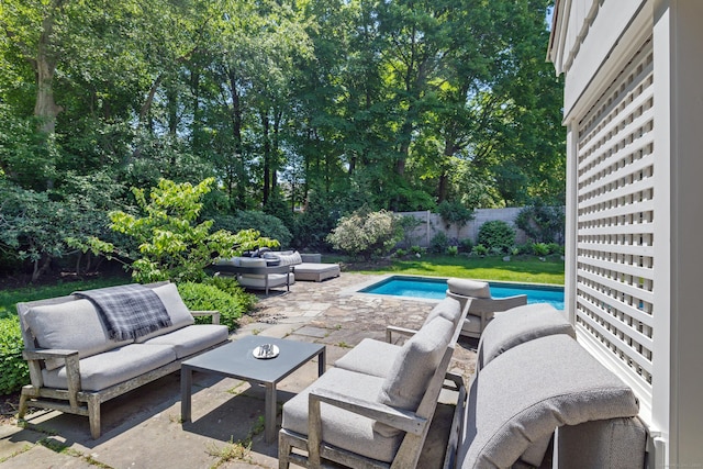 6 Over Rock Ln, Westport, CT 06880 - fenced backyard with an outdoor living space, a patio area, and view of scattered trees