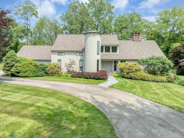 76 Farview Farm Rd, Redding, CT 06896 - mid-century inspired home featuring a chimney, a front lawn, and roof with shingles