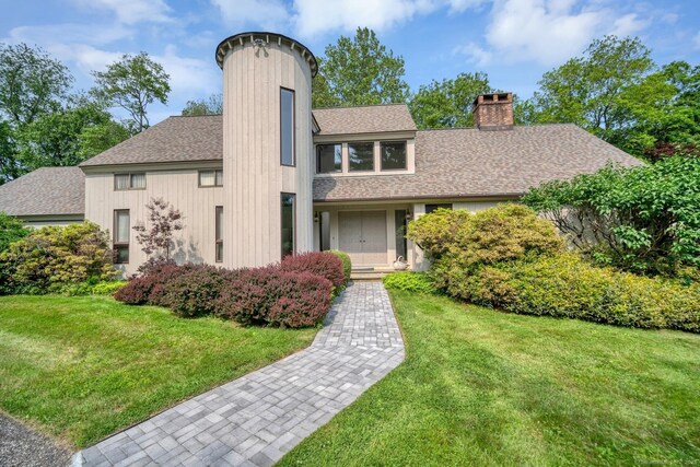 76 Farview Farm Rd, Redding, CT 06896 - view of front of property featuring a chimney, roof with shingles, and a front yard