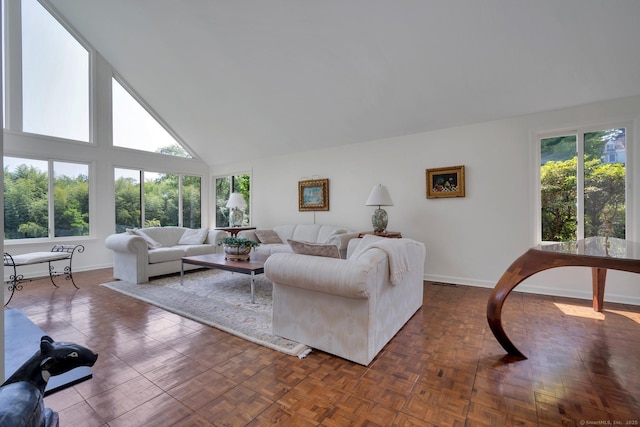 76 Farview Farm Rd, Redding, CT 06896 - living room with baseboards and high vaulted ceiling