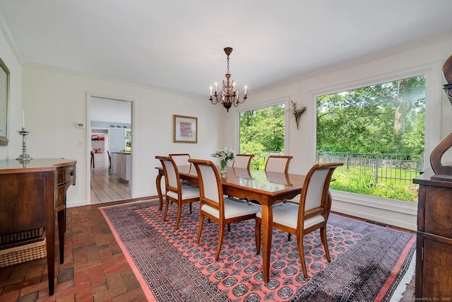 76 Farview Farm Rd, Redding, CT 06896 - dining space with a chandelier, brick floors, and crown molding