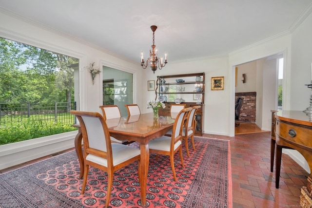 76 Farview Farm Rd, Redding, CT 06896 - dining space with a chandelier, plenty of natural light, brick flooring, and ornamental molding