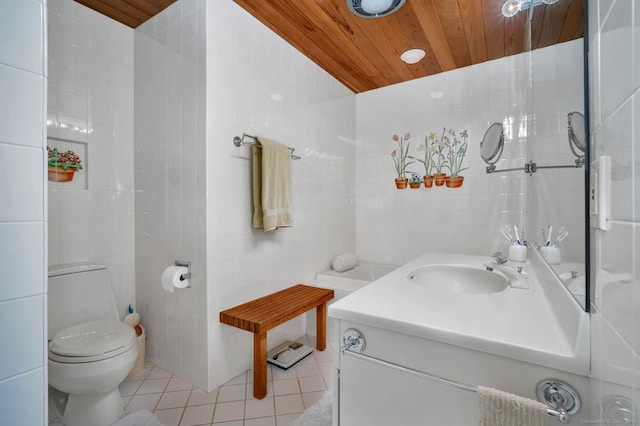76 Farview Farm Rd, Redding, CT 06896 - bathroom with tile walls, wooden ceiling, tile patterned flooring, and vanity