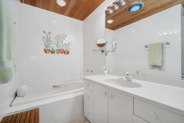 76 Farview Farm Rd, Redding, CT 06896 - bathroom featuring wood ceiling, tiled tub, and vanity