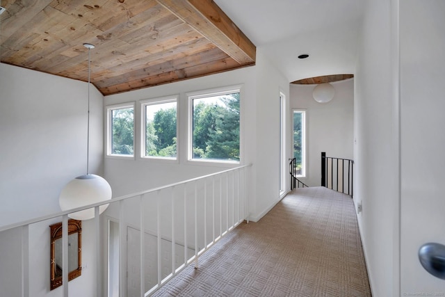 76 Farview Farm Rd, Redding, CT 06896 - hallway with an upstairs landing, carpet, and wood ceiling