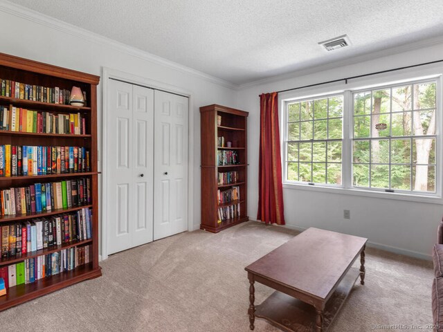 152 Hollyberry Rd, Bristol, CT 06010 - living area featuring carpet, a textured ceiling, and ornamental molding