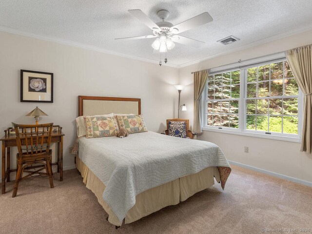 152 Hollyberry Rd, Bristol, CT 06010 - bedroom with light carpet, ornamental molding, a textured ceiling, and ceiling fan